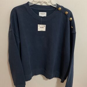 NWT Women’s American Eagle Button Shoulder Sweatshirt, Navy Blue, XL